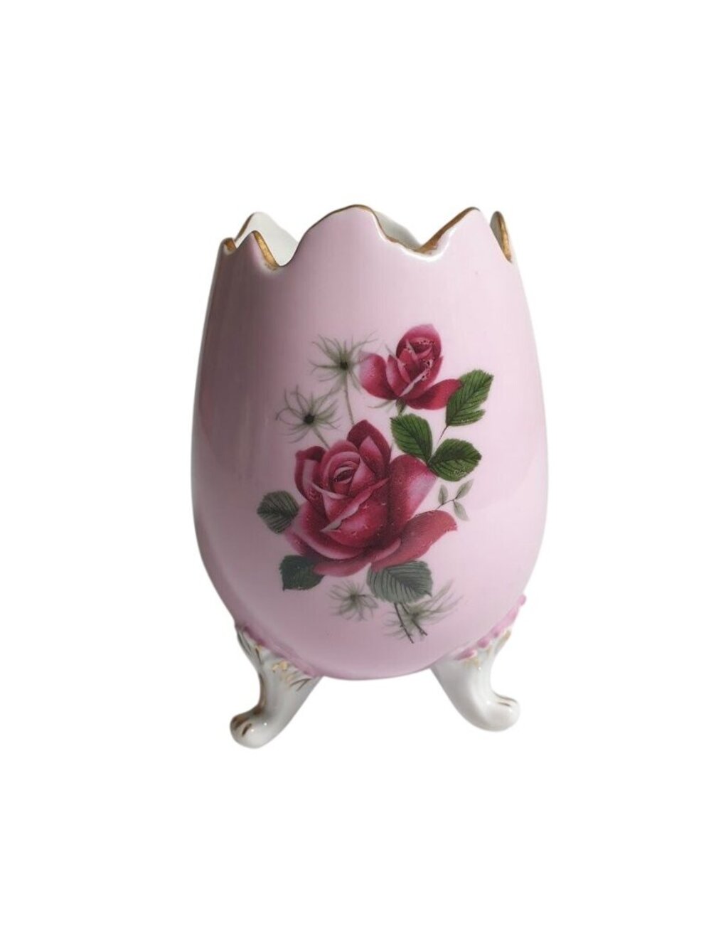 Pink Porcelain Egg Vase Rose Floral Hand Painted Gold Vintage Rim Tripod Signed